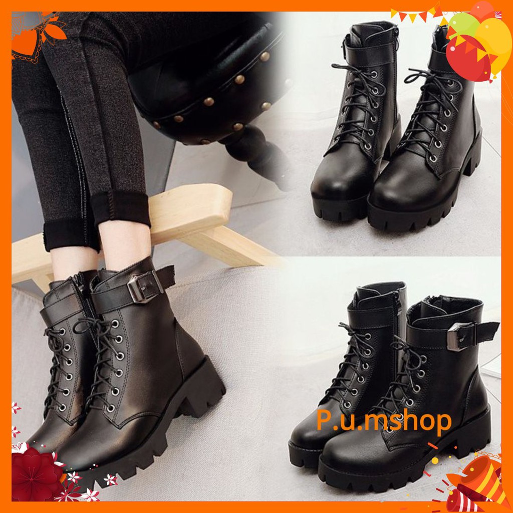 Boots cổ ngắn,Boots combat,Giày nữ, kéo khóa, cao gót, thắt dây, gót thô, đế dày, thời trang, cho mùa đông (order video) | WebRaoVat - webraovat.net.vn