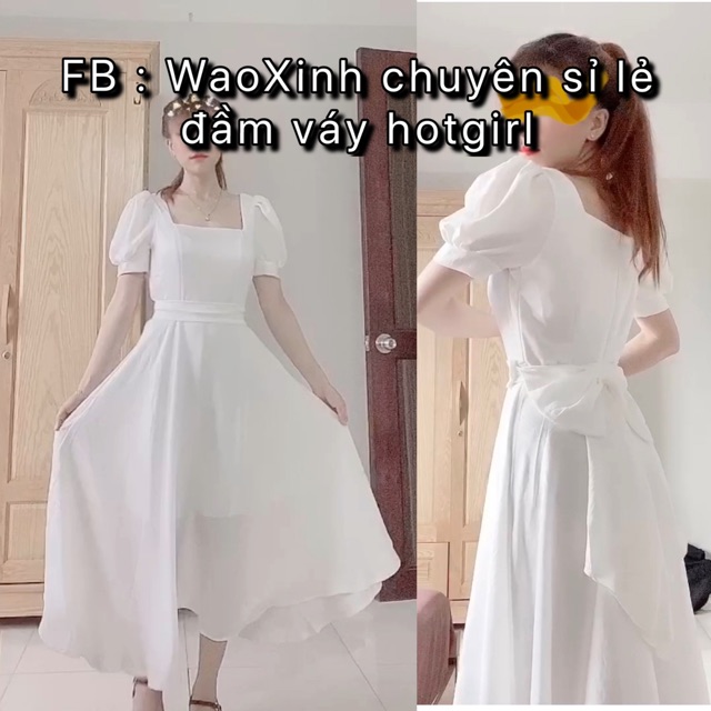 ĐẦM VÁY MAXI TRẮNG BELT NƠ LƯNG CỔ VUÔNG TAY BỒNG XINH ĐẸP NHƯ CÔNG CHÚA XÒE VINTAGE DU LỊCH SỐNG ẢO CÔ DÂU ĐI BÀN