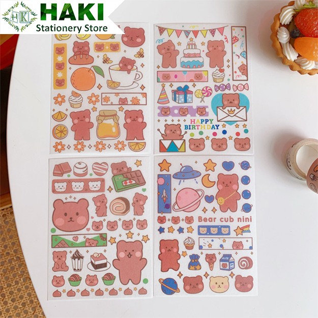 Sticker cute thỏ gấu HAKI, hình dán cute 4 tấm sticker trang trí sổ đáng yêu dễ thương giá rẻ ST22