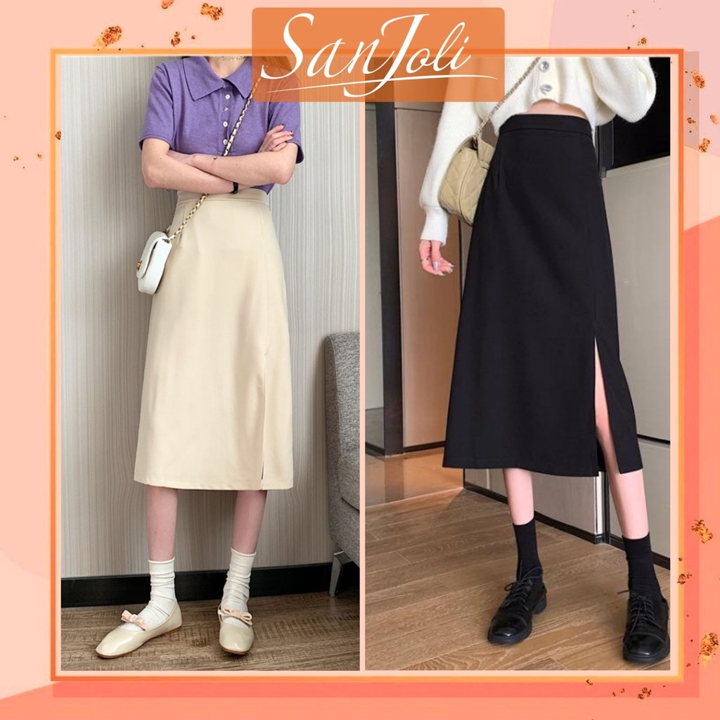 Chân Váy Dài Xẻ Tà SanJoli Chân Váy Công sở qua gối Chữ a đẹp chất vải Tuyết mưa hai màu Trắng Đen CV001 | BigBuy360 - bigbuy360.vn
