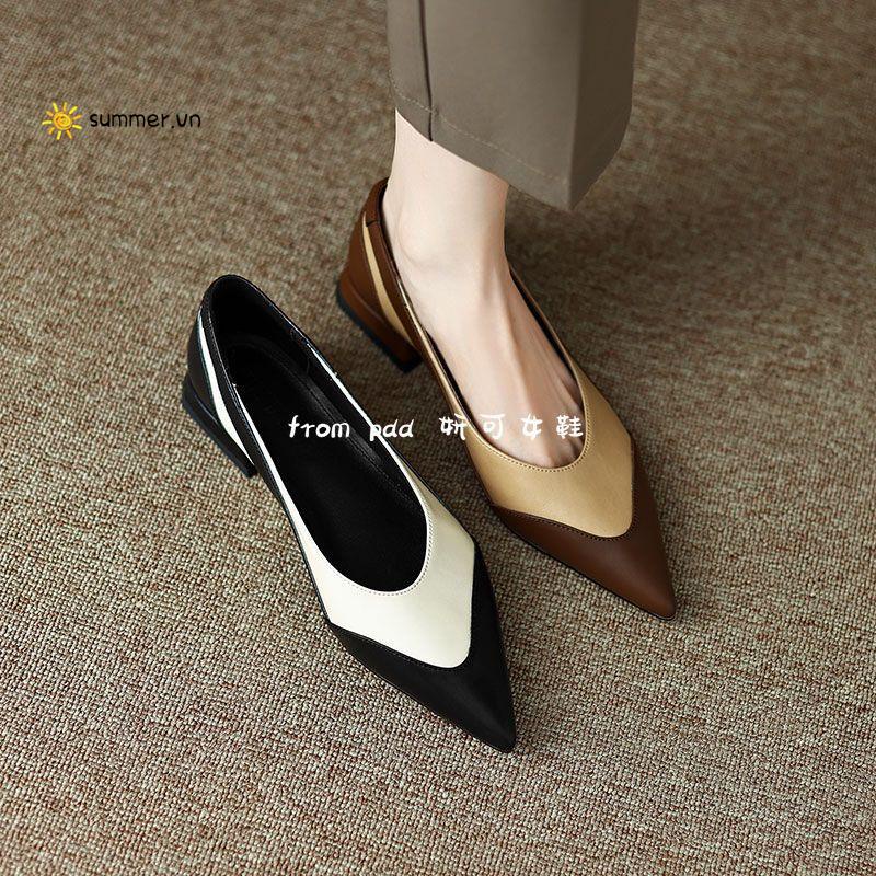 Giày Da Mềm Mũi Nhọn Phối Màu Phong Cách Retro Thời Trang Cho Nữ