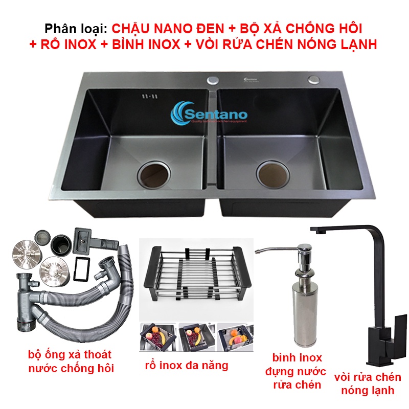 Chậu rửa chén, vòi rửa chén NANO tĩnh điện màu đen SENTANO - Chậu rửa chén 2 ngăn CÂN 82x45cm bề mặt nano tĩnh điện