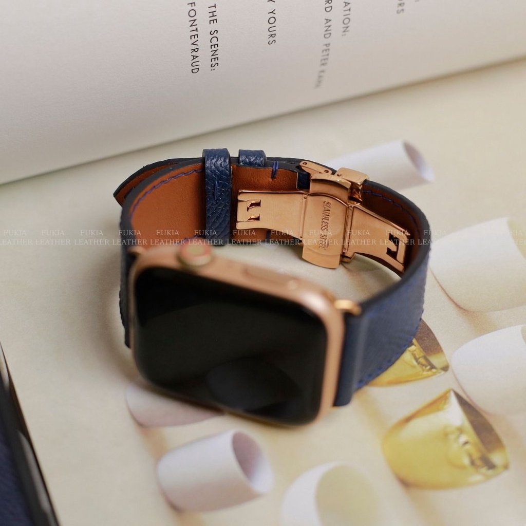 Dây da thủ công Epsom Xanh Navy dành cho Apple Watch, đồng hồ thông minh, đồng hồ cơ