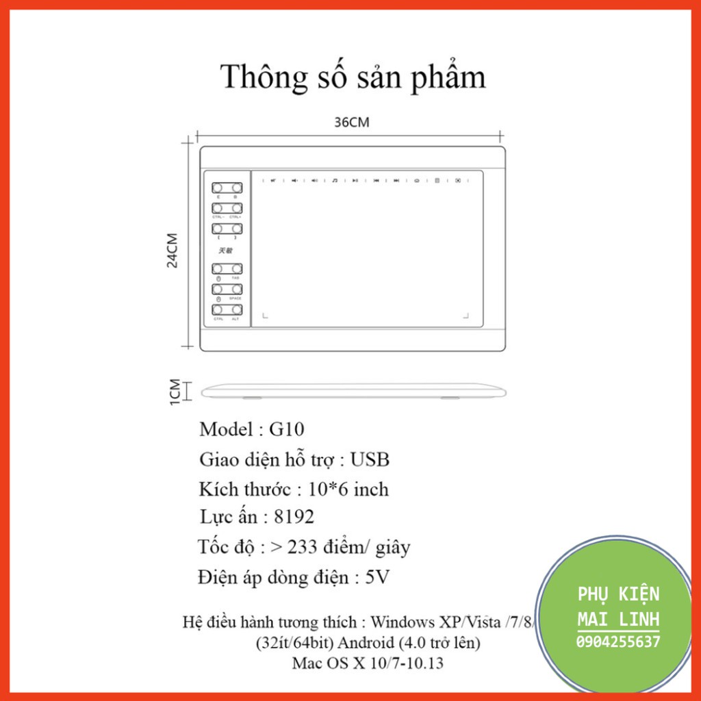 (Bảo hành 06 tháng) Bảng vẽ điện tử 10moons G10 cỡ 10x6 inch,cảm ứng lực 8192, bút không cần sạc pin tương thích Window