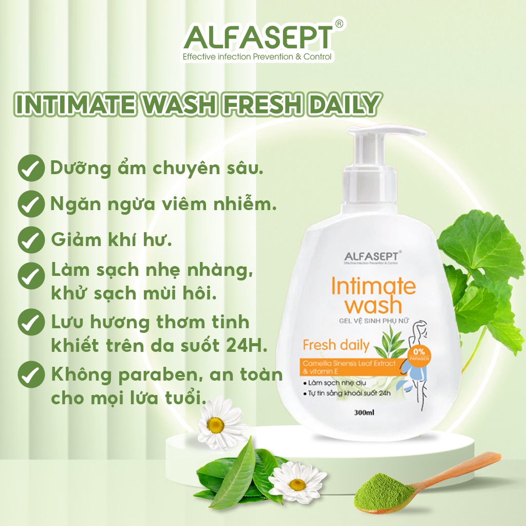 Dung dịch vệ sinh  nữ ALFASEPT Intimate wash - Fresh Daily Chiết Xuất Trà Xanh, Dịu Nhẹ Tươi Mát, Làm Sạch 150ML & 300ML