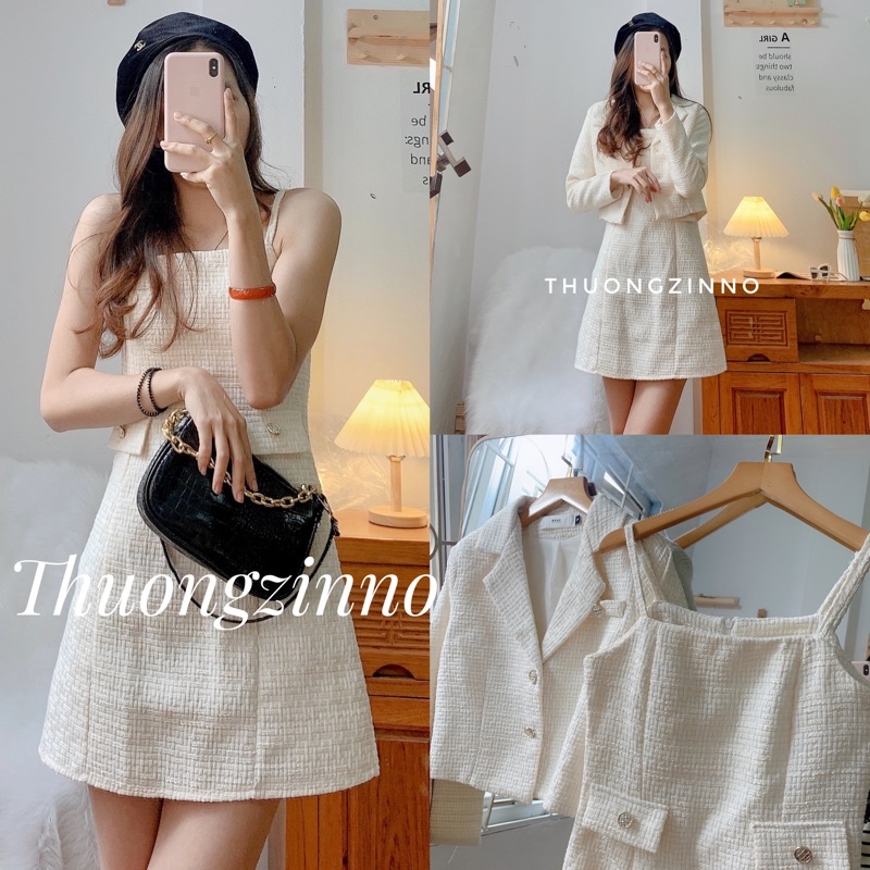 [Ảnh thật/Video] SET VÁY TWEED gồm váy hai dây kèm áo khoác ngoài xinh như tiểu thư | BigBuy360 - bigbuy360.vn