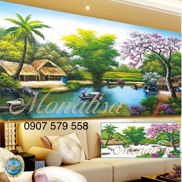 Tranh đính đá Phong cảnh làng quê kt120x65 cm