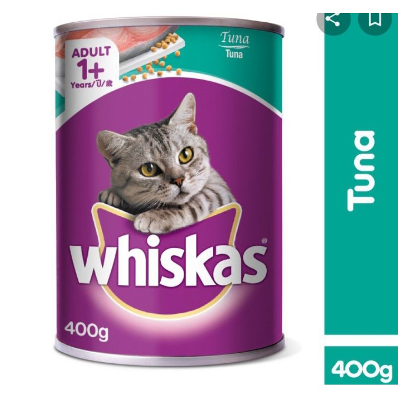 Pate whiskas 400g dạng lon có 3 vị gồm cá ngừ, cá biển và cá thu