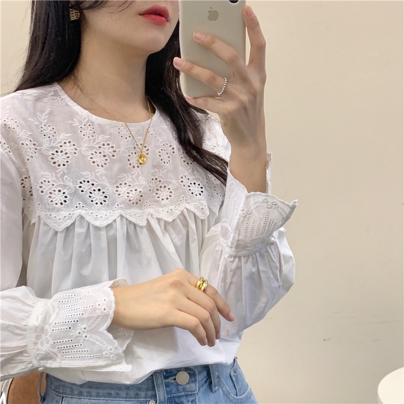 SUXI Áo Kiểu Tay Dài Cổ Tròn Phối Ren Phong Cách Hàn Quốc Thời Trang Mùa Thu Cho Nữ