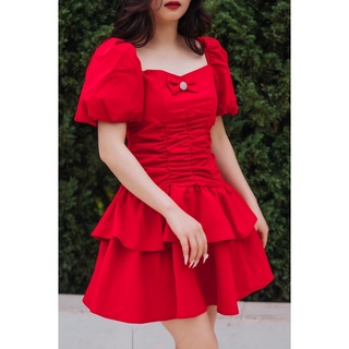 Đầm đi tiệc cổ vuông tay phồng nhún chun eo đầm dáng xòe màu đỏ đô và cam cháy