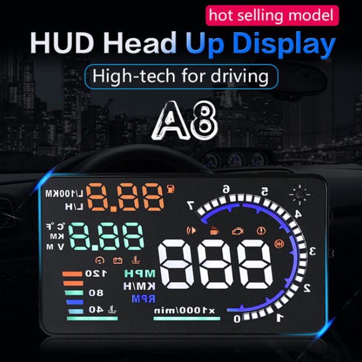 HUD hiển thị tốc độ và các thông số trên kính lái HUD A8, kết nối cổng ODB, màn hình 5.5 inch