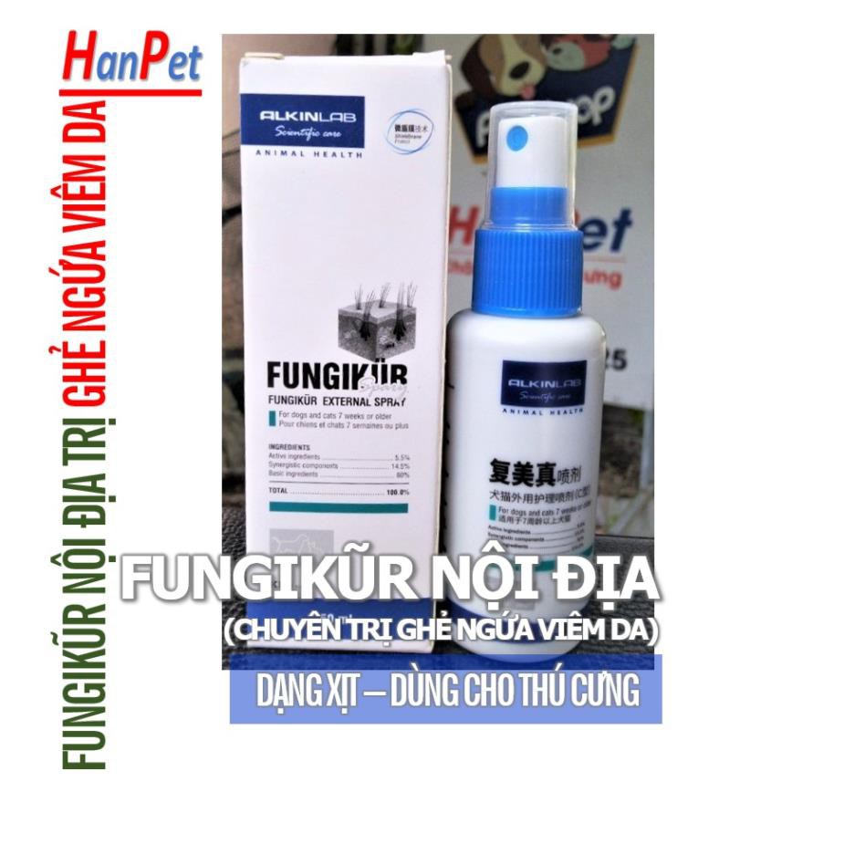 Hanpet.GV- Alkin Mitecyn & Fungikur xịt ve rận, hỗ trợ viêm da tổng hợp thú cưng và ghẻ ngứa do ve rận chó mèo thú cưng