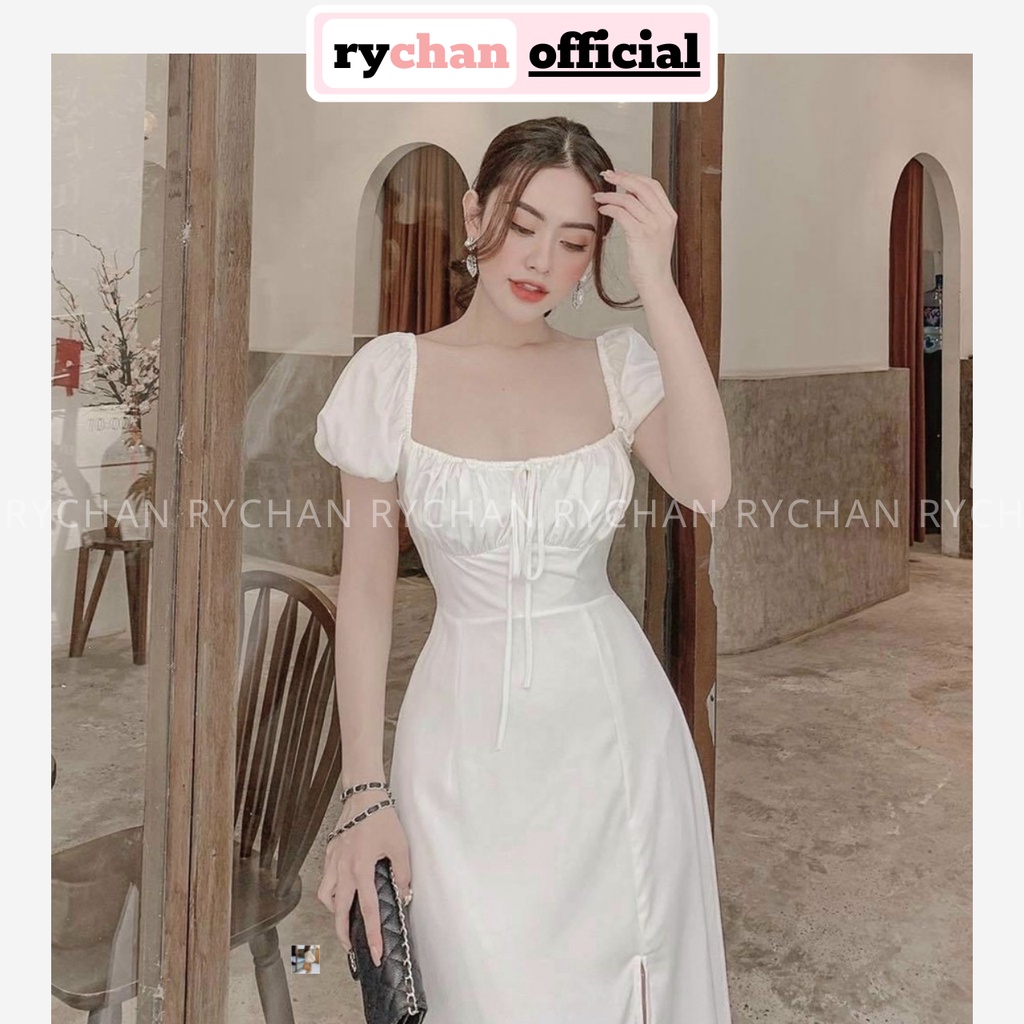 Đầm Xòe Midi Trắng Ngực Nhún Thắt Nơ Xẻ Tà Lót Trong Dày Dặn  - DX9967