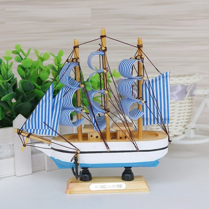 Mô hình thuyền gỗ trang trí thuận buồm xuôi gió sọc xanh