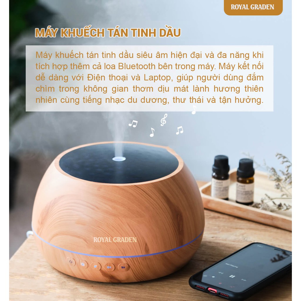 Máy khuếch tán tinh dầu MKT2021 phun sương 1000ml, Tích Hợp Loa Bluetooth, Có điều khiển