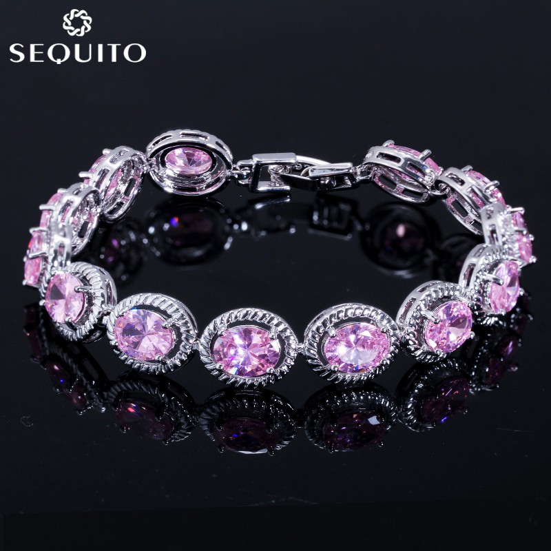 Vòng Tay Mạ Bạc Đính Đá cz Hình oval Màu Hồng Thời Trang Cho Nữ Văn Phòng sequito b082
