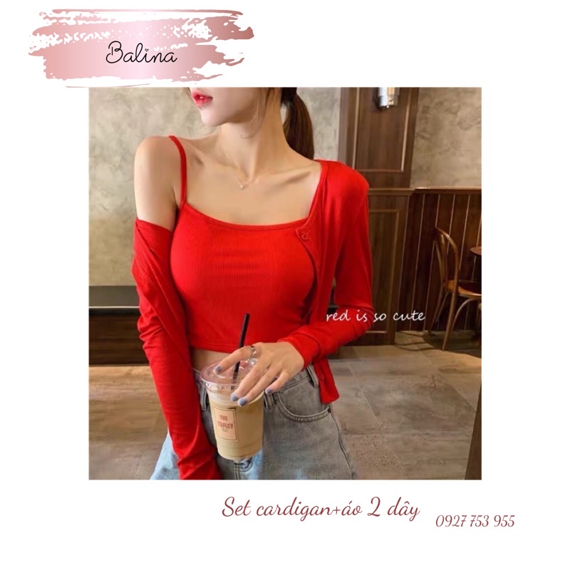 Set áo hai dây và áo khoác cardigan