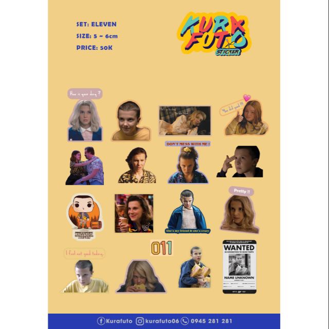 Set Sticker Eleven Stranger Things (Ảnh thật kế bên) Chống Thấm Nước Tuyệt Đối. Dán Mũ BH, Laptop, Vali, Guitar...
