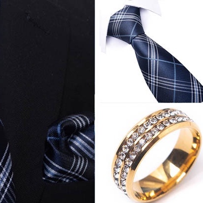 Bộ Cà vạt 4 món gồm Cavat 8cm, khăn cài túi, Măng-set, Nhẫn tròn phụ kiện, Cravat chú rể, Calavat công sở CBC-8216