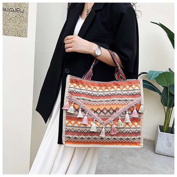 Túi Tote Vải Lanh Cỡ Lớn Phối Tua Rua Họa Tiết Thổ Cẩm Thời Trang
