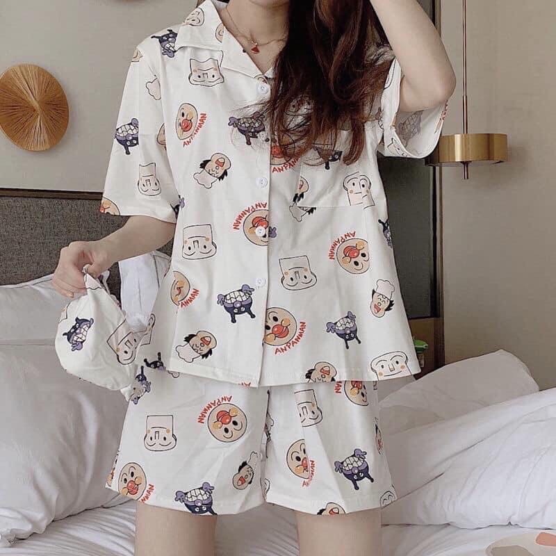 Bộ đồ ngủ pijama nữ cộc tay quần đùi chất lụa Kate Thái mềm mịn màu trắng họa tiết gấu và dâu siêu cute - CD0023