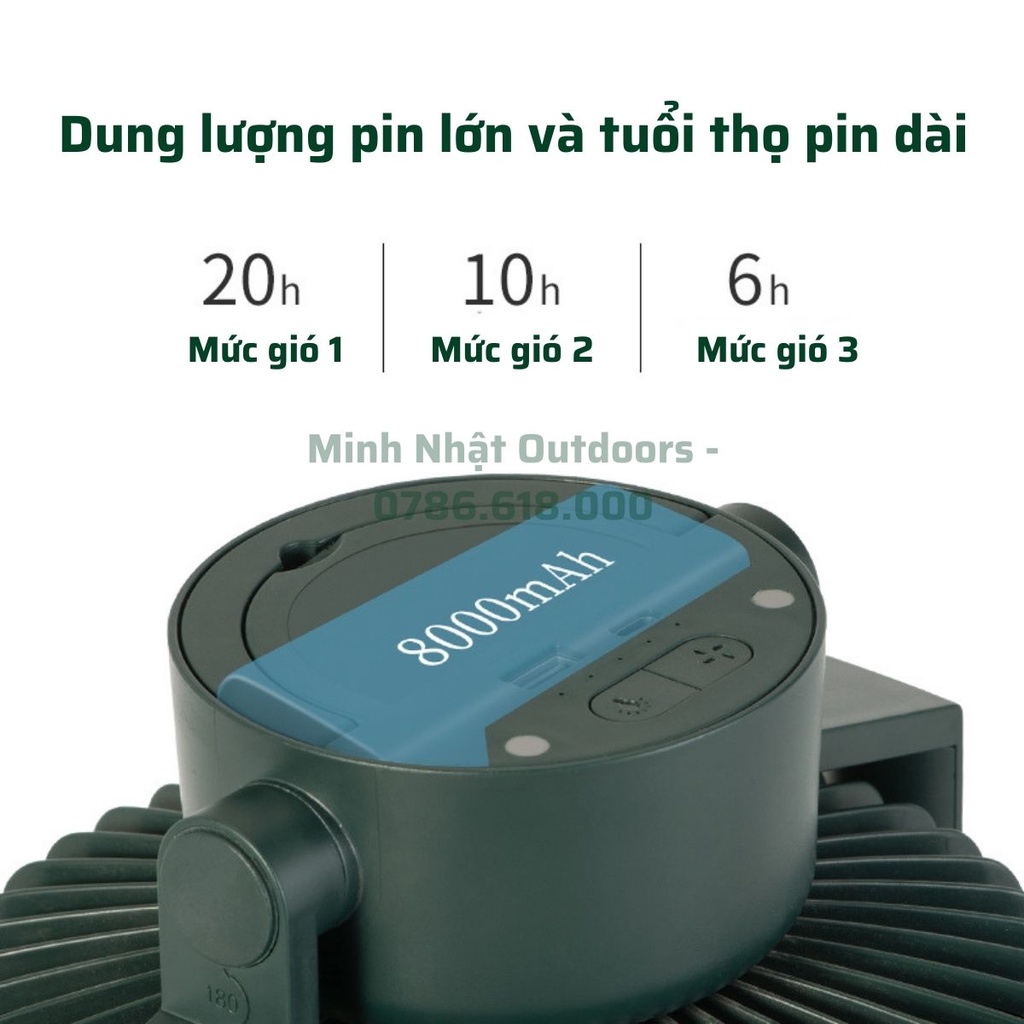 Quạt sạc tích điện mini đa năng Naturehike dã ngoại 3 cấp độ gió tích hợp đèn led có cổng USB sạc dự phòng, pin 8000 mAh