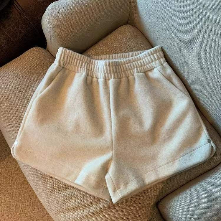 Quần short RENJIANVSHENG len trơn ống rộng thời trang đơn giản