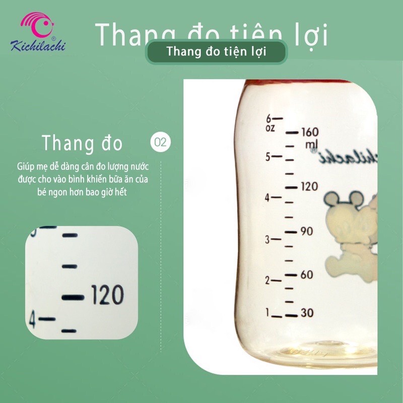 Bình sữa cổ rộng Kichilachi PPSU Plus hình Mickey 160ml/240ml núm ty siêu mềm