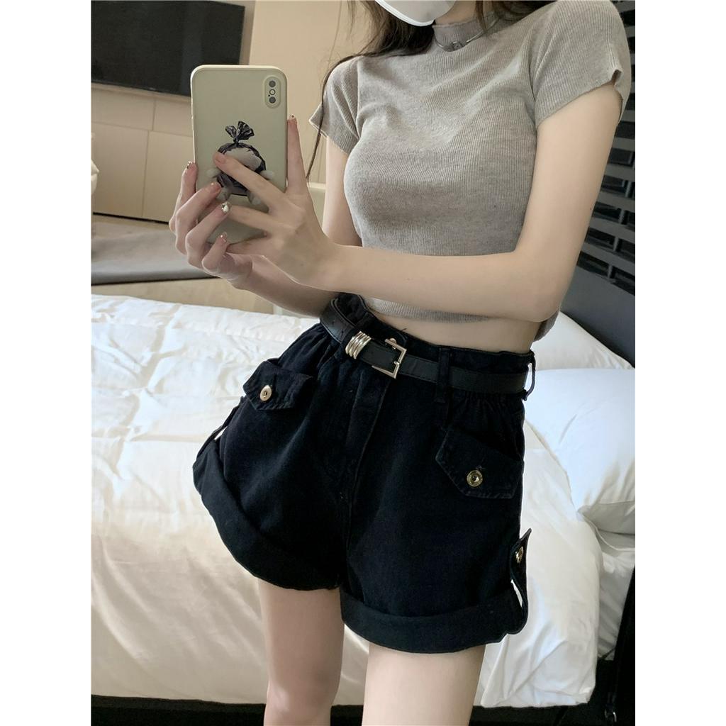 Quần Short Denim Lưng Cao Ống Rộng Dáng Chữ A Phối Thắt Lưng Thời Trang Cá Tính