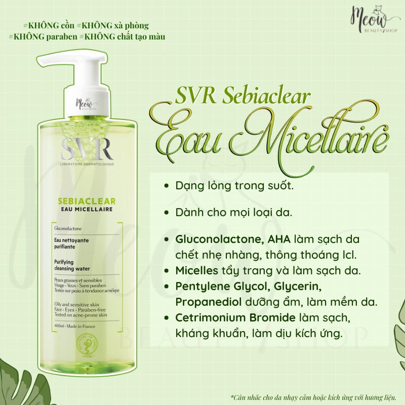 Tẩy Trang SVR Sebiaclear Eau Micellaire dành cho da nhạy cảm, da dầu 400ml