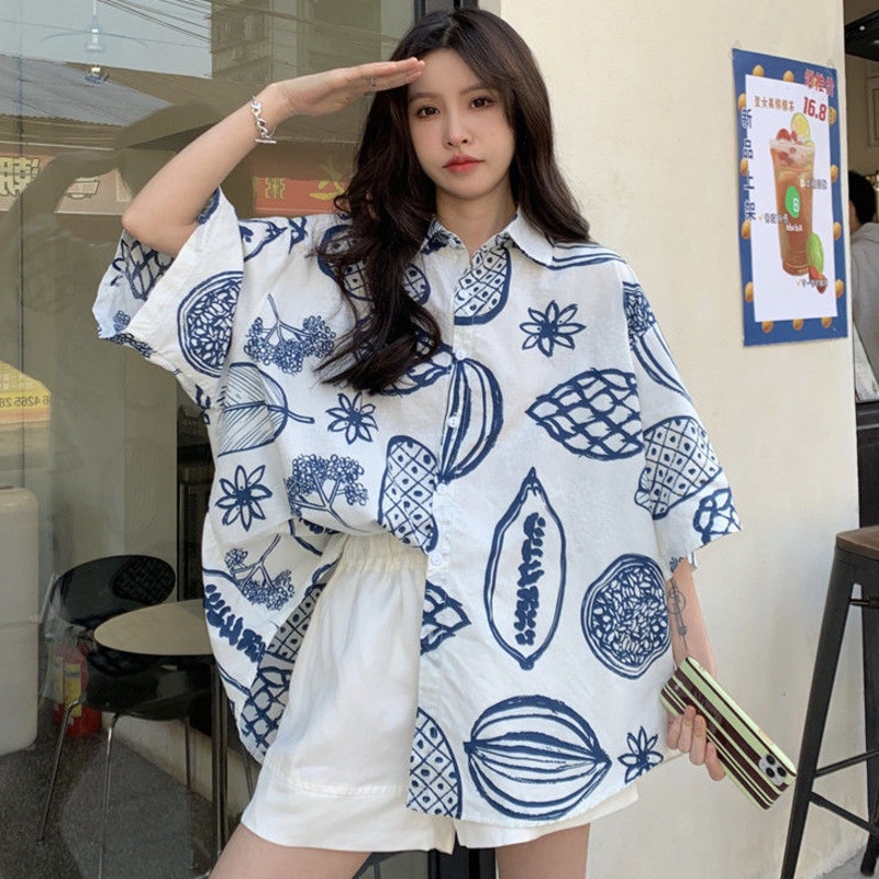 Áo sơ mi RENJIANVSHENG 157456 ngắn tay họa tiết hoa trái cây phong cách retro Nhật Bản độc đáo
