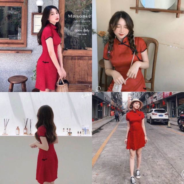 ĐẦM ĐỎ CỔ LỤA HOA