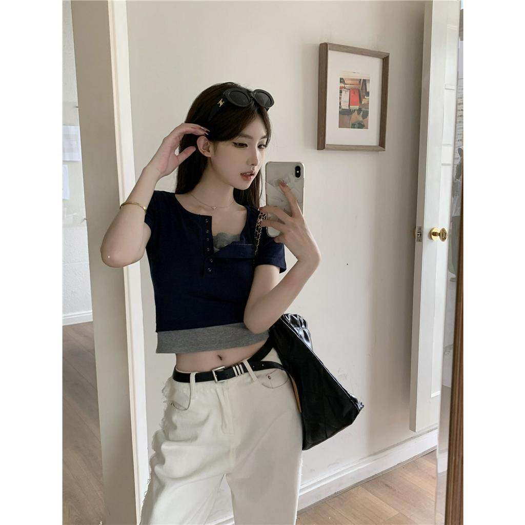 qkoole  Áo Thun Ngắn Tay Giả Hai Lớp Dáng Ôm Thời Trang Dành Cho Nữ