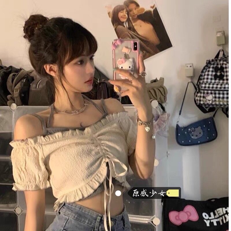 (CÓ ẢNH THẬT) Áo croptop trễ vai rút dây nữ tính