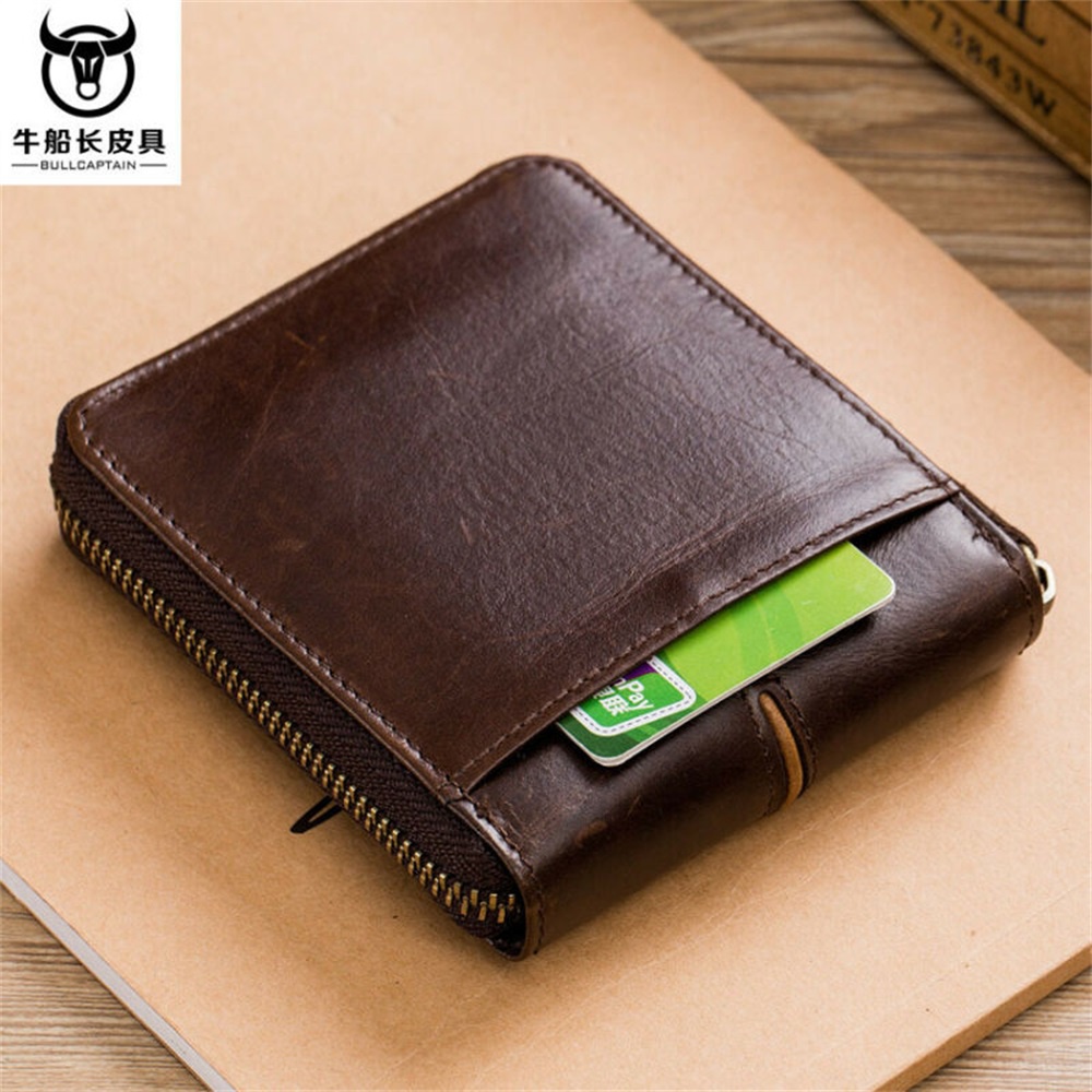 Ví RFID BULLCAPTAIN bằng da bò thật có ngăn đựng thẻ phối khóa kéo thời trang cho nam