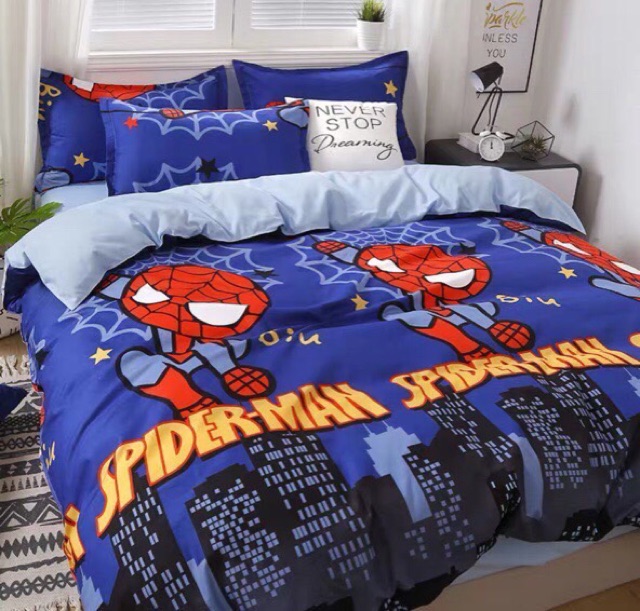Bộ chăn ga gối cotton poly hình Spiderman và Doremon  và nhiều mẫu khác
