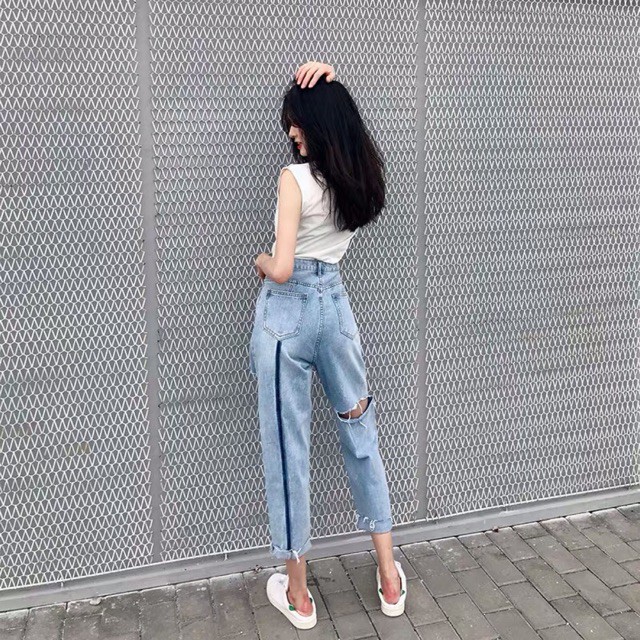 (Order-ảnh thật) Quần jeans kẻ sọc sau, rách trước rách sau, gấu rách siêu chất, độc, lạ, cá tính