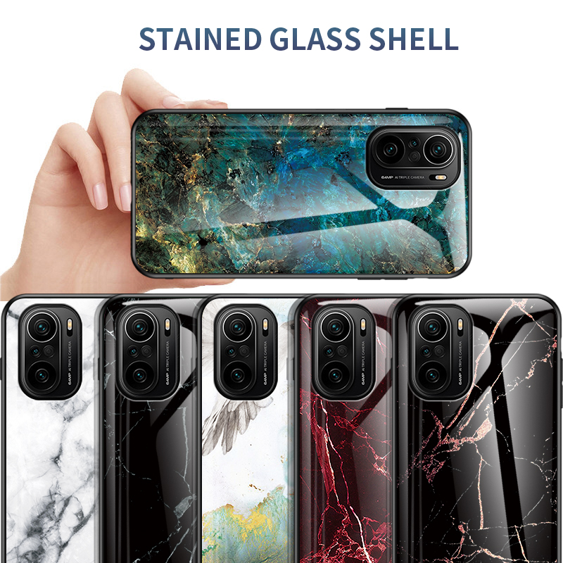 Xiaomi POCO F3 Luxury Marble Grain Hard Tempered Glass Protective Back Cover Case