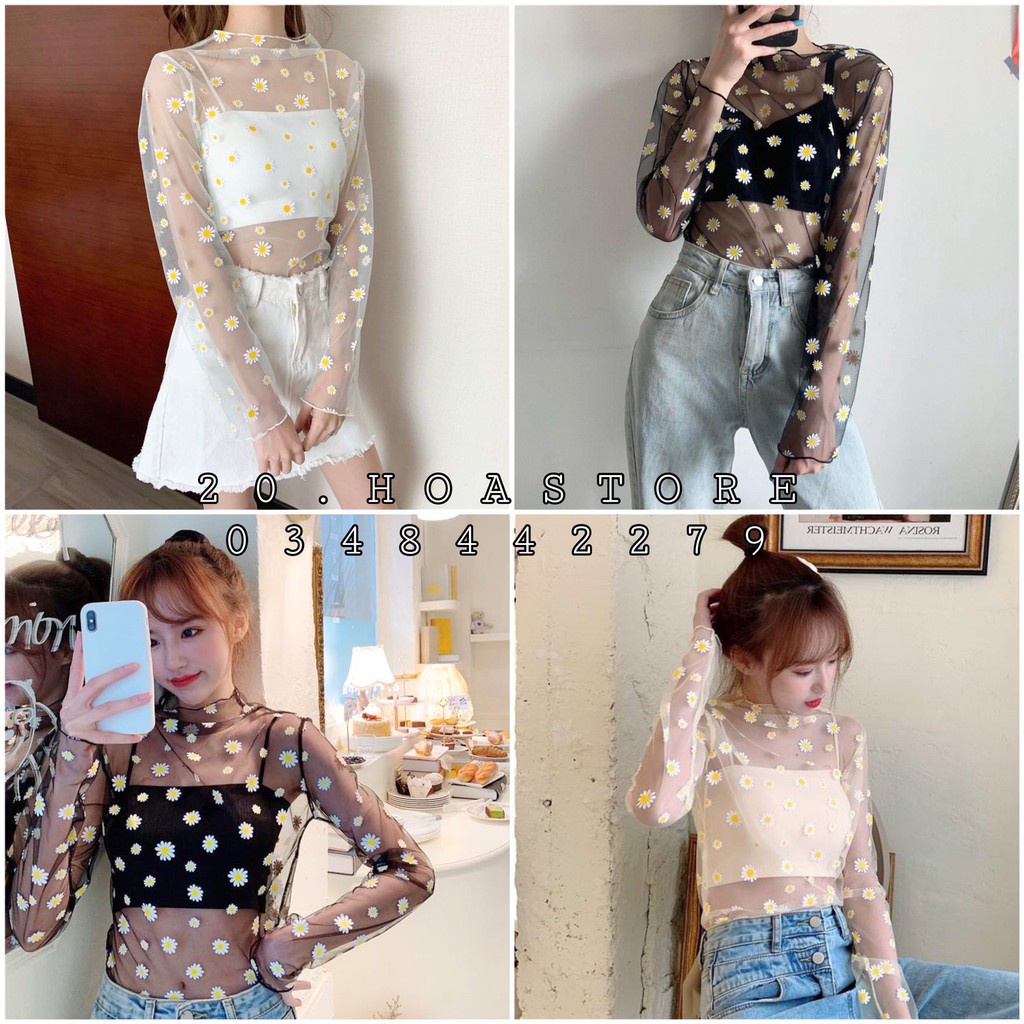 ÁO LƯỚI DÀI TAY HÌNH HOA CÚC NHÍ FORM RỘNG - SET ÁO VOAN LƯỚI + ÁO 2 DÂY TRẮNG ĐEN