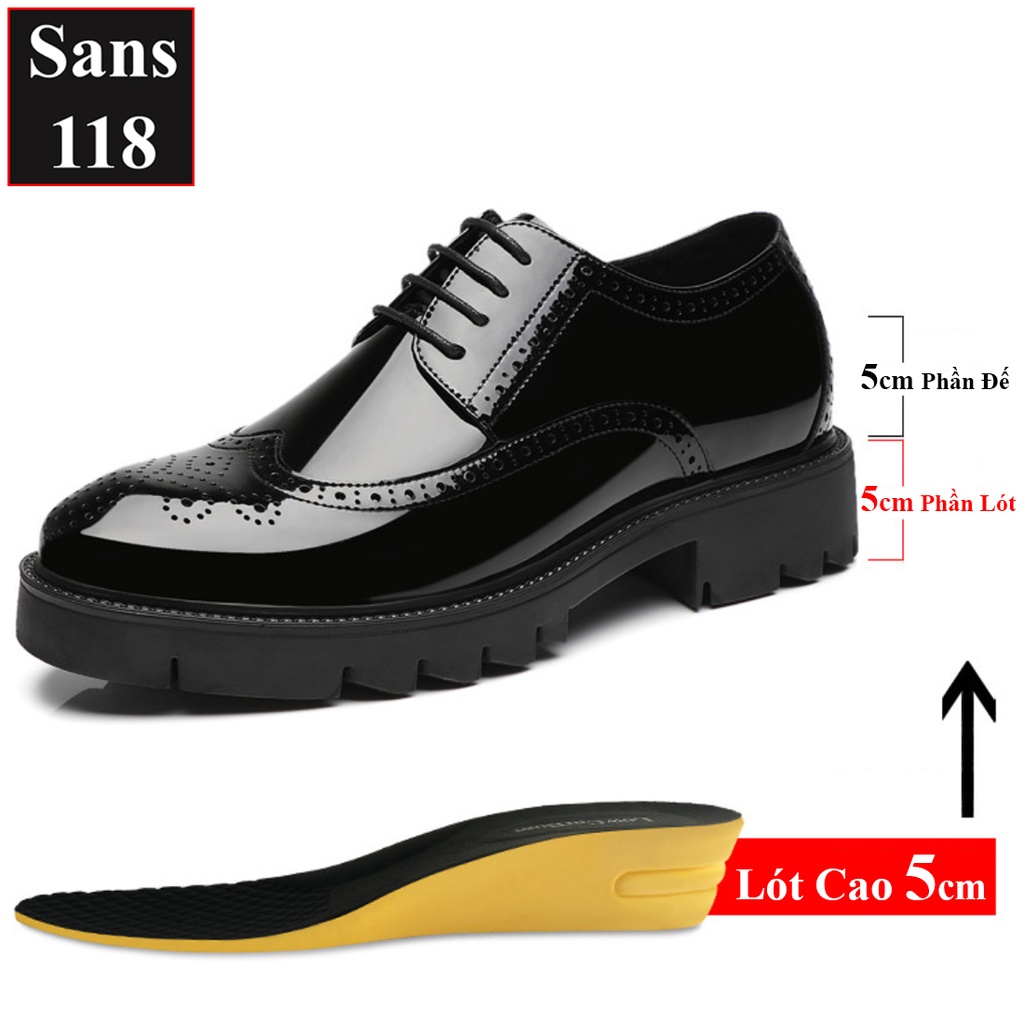 Giày tây nam tăng chiều cao 10cm Sans118 giầy da bóng đế độn nâng gót chú rể mặc vest âu công sở size nhỏ bé 37