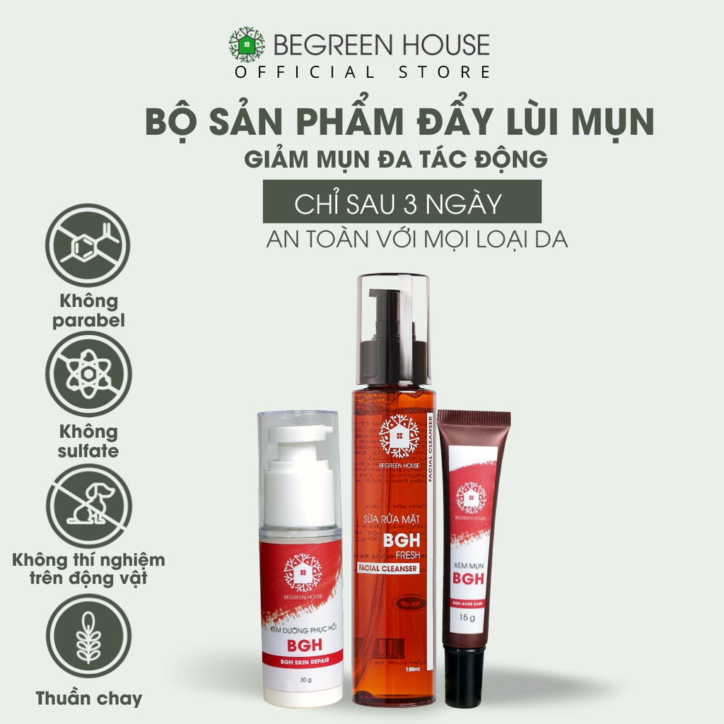 Combo giảm mụn đa tác động Begreen House 1 Sữa rửa mặt, 1 Kem mụn, 1 Kem dưỡng phục hồi