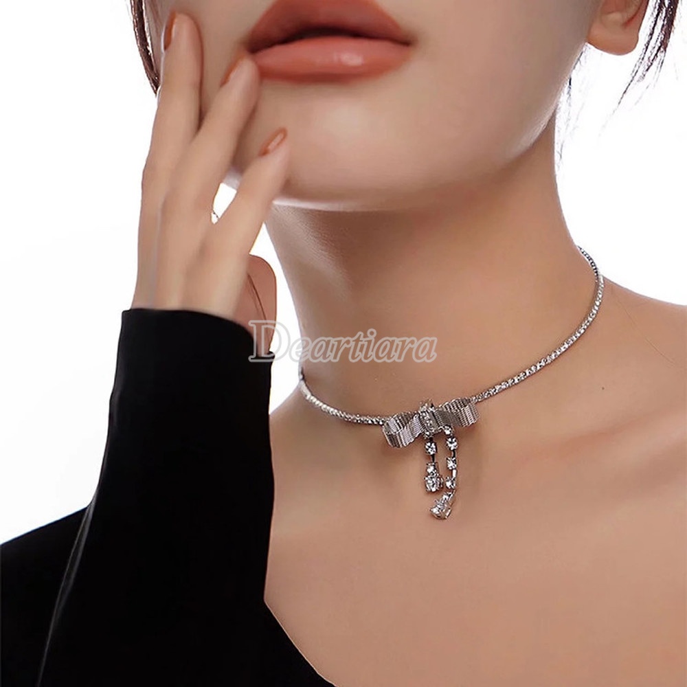 Vòng Cổ Kim Loại Mặt Nơ Đính Đá Thời Trang Cá Tính Dành Cho Nữ