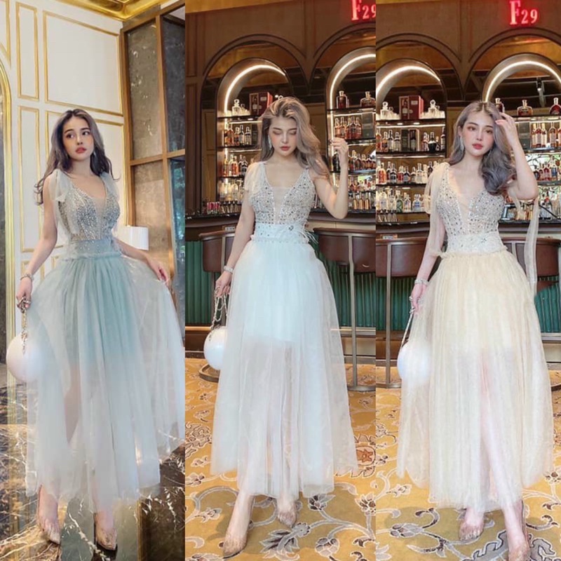 TRIPBLE T DRESS - Đầm công chúa lưới xoè kết cườm đá phối lông công - size M/L -MS375V