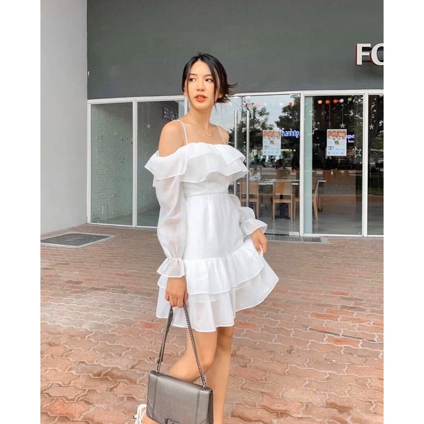 Đầm trắng 2s rớt tay bèo lai tầng cực xinh xắn