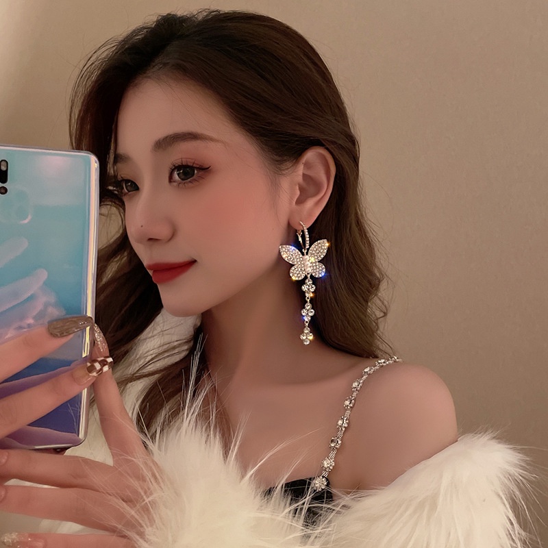 Bông Tai Mạ Bạc 925 Hình Bướm Đính Đá Thời Trang Hàn Quốc Sang Trọng Cho Nữ