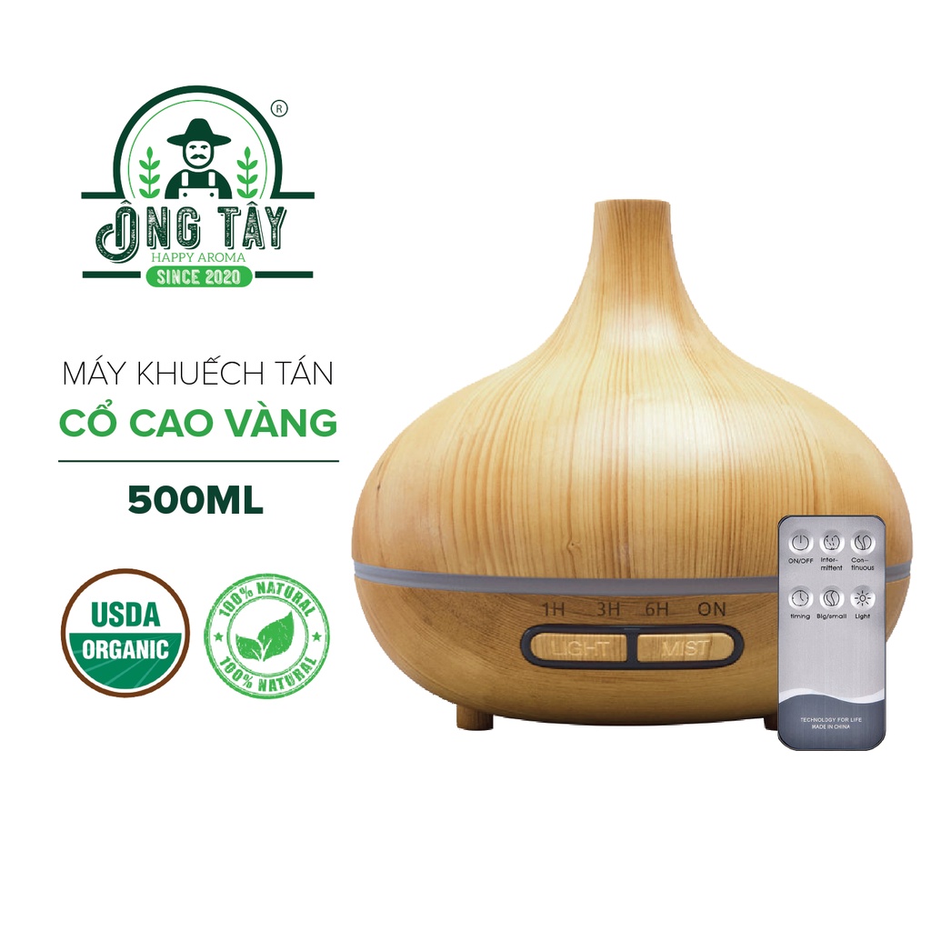 Máy Khuếch Tán Tinh Dầu Cổ Cao Vân Gỗ, Dung Tích 500ML, Có Điều Khiển, Đèn Led 7 Màu