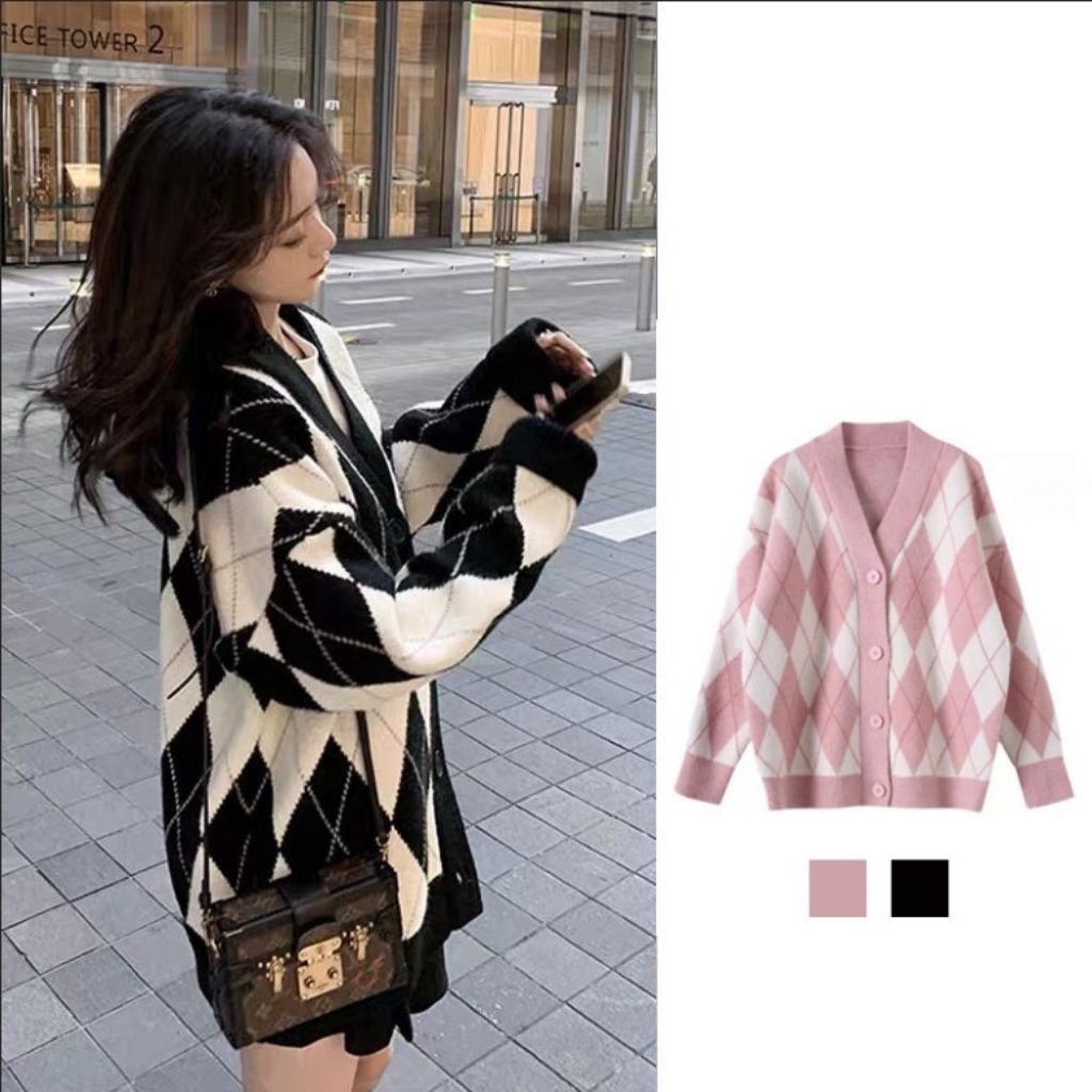 Áo cardigan nữ len hình thoi màu đen hồng kẻ sọc form rộng dệt kim ulzzang dáng dài phong cách hàn quốc | WebRaoVat - webraovat.net.vn