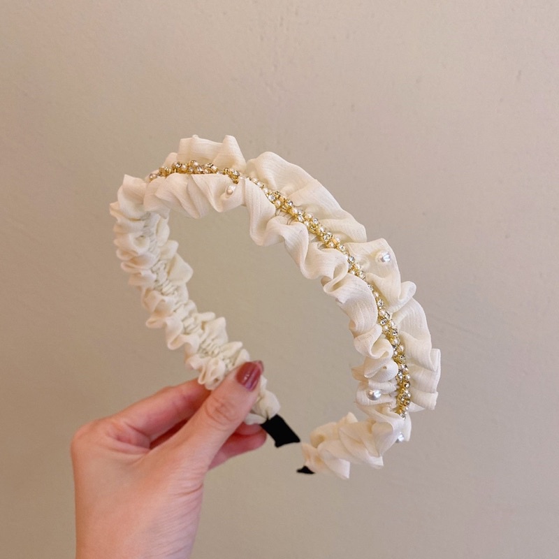 Bờm tóc voan dây đá đính hạt viền nhún bèo nữ tính B103