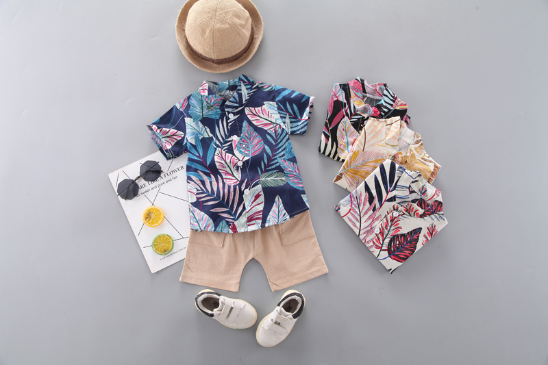 Set Áo Sơ Mi Tay Ngắn Phối Quần short Họa Tiết Lá Thời Trang Mùa Hè Cho Bé Trai
