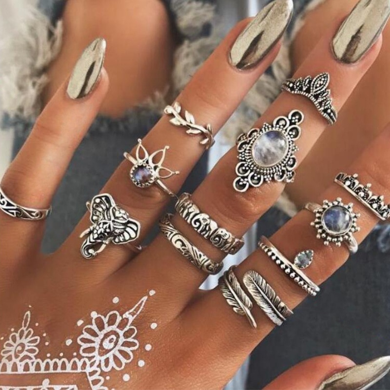 ✨Girlunderwear ✨Vintage Women crystal Finger Knuckle Rings Set For Girls Moon lotus Charm Bohemian Ring Fashion Jewelry Gift
